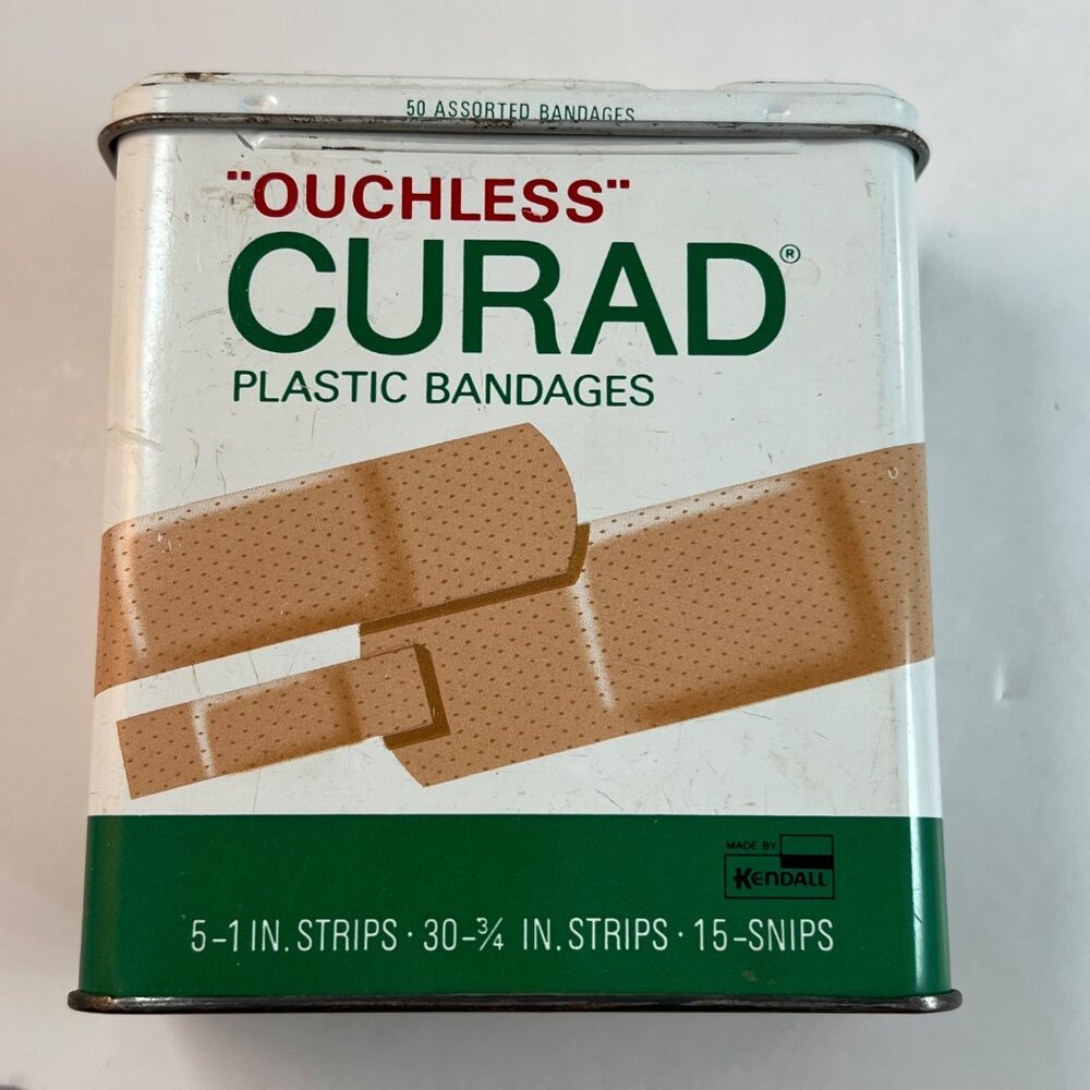 Curad Ouchless Plastic Bandages Metal Tin Empty SuperX Price Sticker Kendall